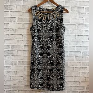 Women’s Haani black & white pattern sleeveless gold bangle neckline dress Size M